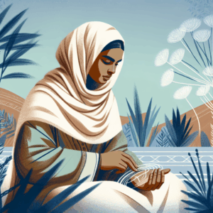 An illustration of a woman in a serene, introspective setting exploring her body with a gentle and affirming expression, symbolizing self-discovery and empowerment.