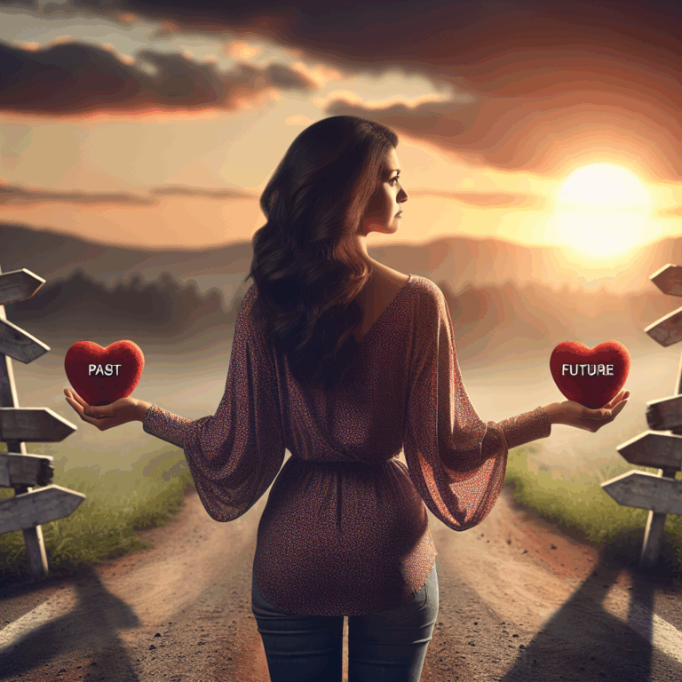 A symbolic image showing a woman standing at a crossroads, holding a heart in each hand, one labeled 'past' and the other 'future', depicting the concept of a romantic backup plan after a breakup, with a subtle emotional tone.