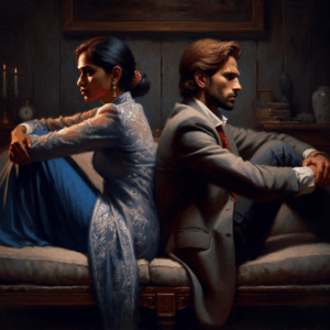 A couple sitting back to back on a couch, looking away from each other, embodying emotional distance, rendered in a soft, emotional style with a dimly lit, intimate atmosphere.