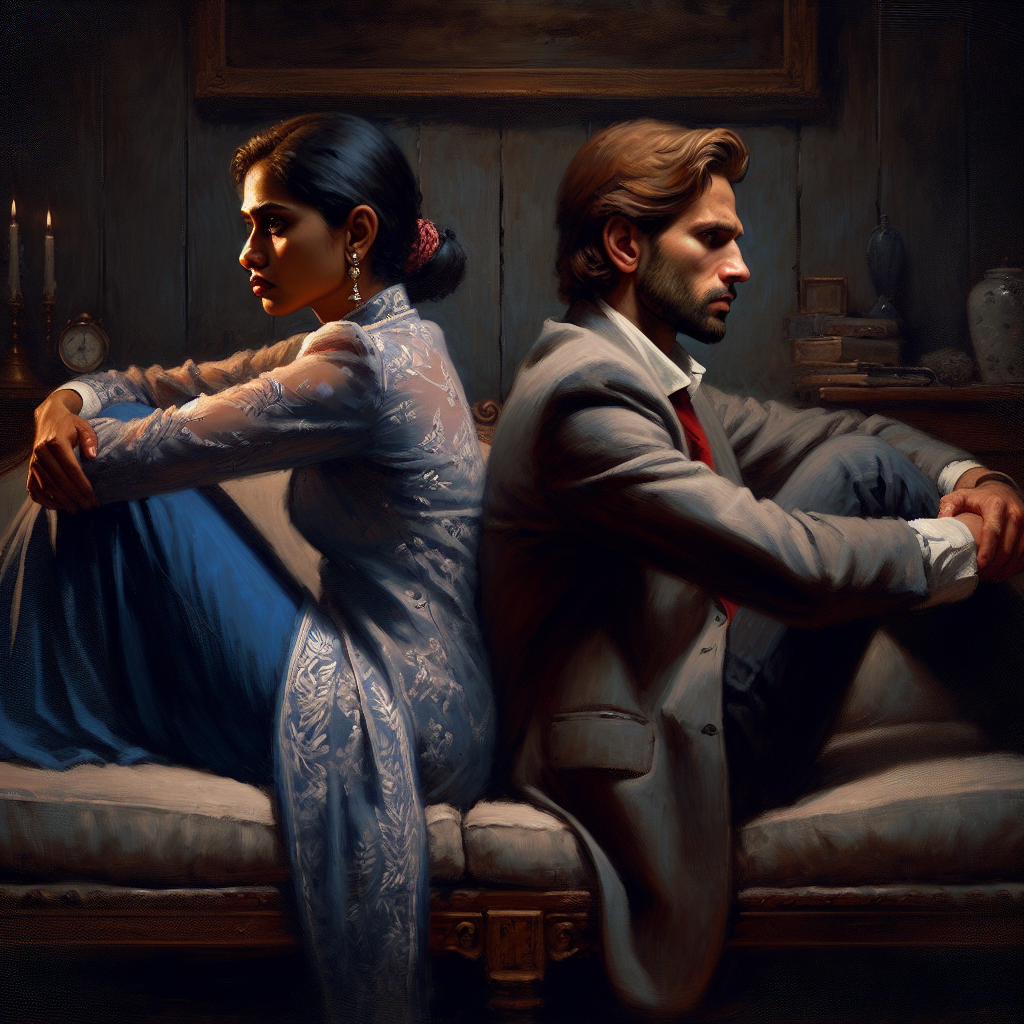 A couple sitting back to back on a couch, looking away from each other, embodying emotional distance, rendered in a soft, emotional style with a dimly lit, intimate atmosphere.