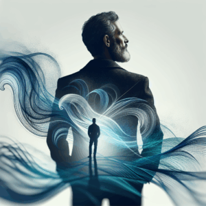 A mature and tasteful illustration showing a blurred silhouette of a man standing confidently with back towards the viewer, surrounded by abstract waves symbolizing exploration and liberation, with a subtle focus on the lower back area, giving an impression of elegance and discretion, suitable to accompany an article about breaking taboos related to male anal pleasure.