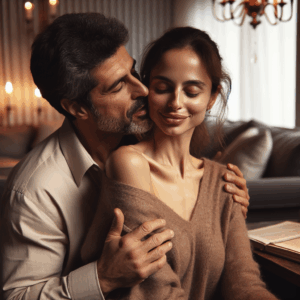 A couple playfully engaging in a gentle bite during an intimate moment, with soft lighting and a cozy, loving atmosphere.