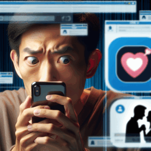 A concerned person holding a smartphone, with the Tinder app icon visible on the screen, while glancing nervously over their shoulder. The background shows a blurred image of a couple, indicating a relationship context. The overall mood should convey suspicion and curiosity, with a modern, digital atmosphere.