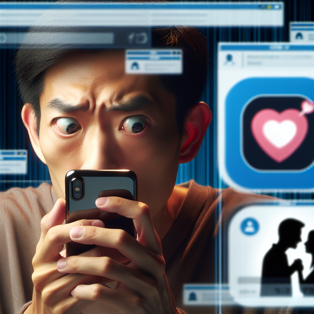 A concerned person holding a smartphone, with the Tinder app icon visible on the screen, while glancing nervously over their shoulder. The background shows a blurred image of a couple, indicating a relationship context. The overall mood should convey suspicion and curiosity, with a modern, digital atmosphere.