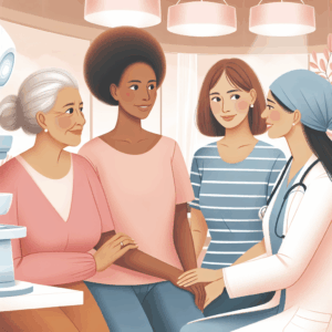A thoughtful and informative illustration showing a diverse group of women, varying in age and ethnicity, at a healthcare facility. They are discussing breast cancer screening and mammography with a healthcare professional. The setting is modern and welcoming, conveying a sense of care and prevention.