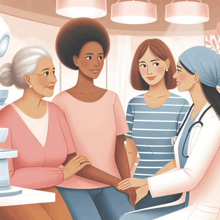 A thoughtful and informative illustration showing a diverse group of women, varying in age and ethnicity, at a healthcare facility. They are discussing breast cancer screening and mammography with a healthcare professional. The setting is modern and welcoming, conveying a sense of care and prevention.
