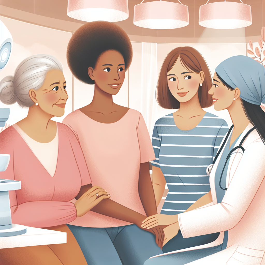 A thoughtful and informative illustration showing a diverse group of women, varying in age and ethnicity, at a healthcare facility. They are discussing breast cancer screening and mammography with a healthcare professional. The setting is modern and welcoming, conveying a sense of care and prevention.