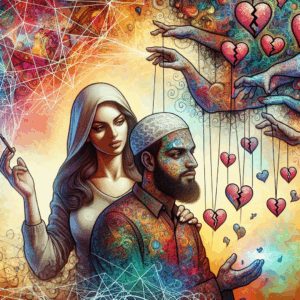 A subtle illustration depicting a couple where one partner is giving excessive compliments with a hidden aura of manipulation, surrounded by a background illustrating broken hearts and confusion.
