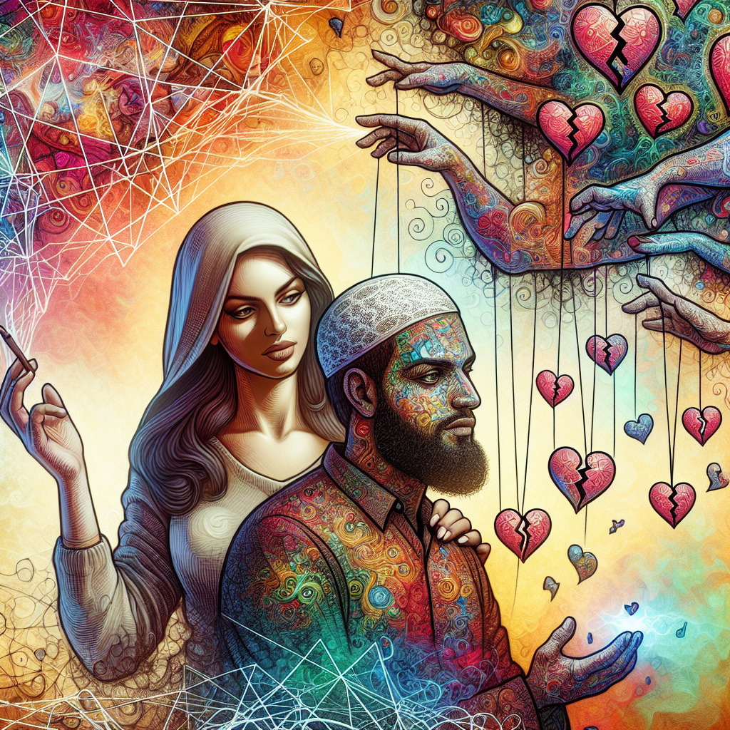 A subtle illustration depicting a couple where one partner is giving excessive compliments with a hidden aura of manipulation, surrounded by a background illustrating broken hearts and confusion.