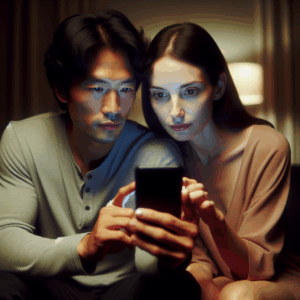 A couple sitting on a couch, both looking at a smartphone. The atmosphere is tense, with expressions of suspicion and curiosity. The room is softly lit, giving a sense of intimacy. There's a focus on the phone screen showing the Tinder logo.