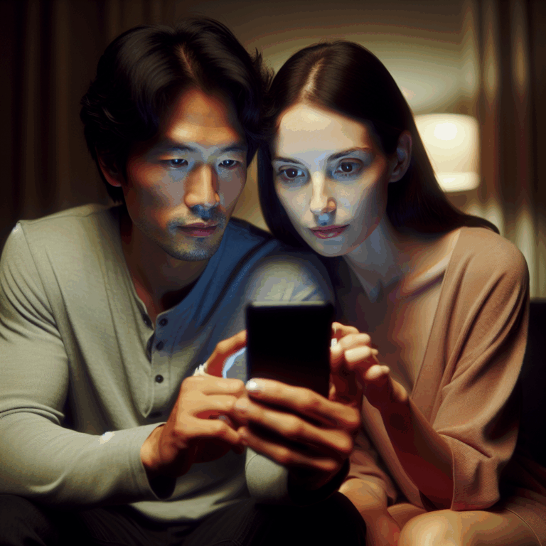 A couple sitting on a couch, both looking at a smartphone. The atmosphere is tense, with expressions of suspicion and curiosity. The room is softly lit, giving a sense of intimacy. There's a focus on the phone screen showing the Tinder logo.