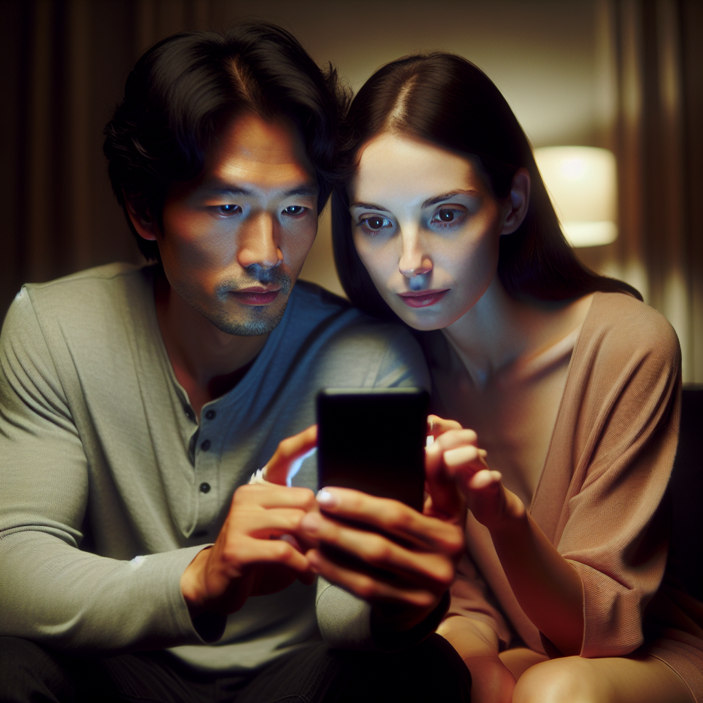 A couple sitting on a couch, both looking at a smartphone. The atmosphere is tense, with expressions of suspicion and curiosity. The room is softly lit, giving a sense of intimacy. There's a focus on the phone screen showing the Tinder logo.