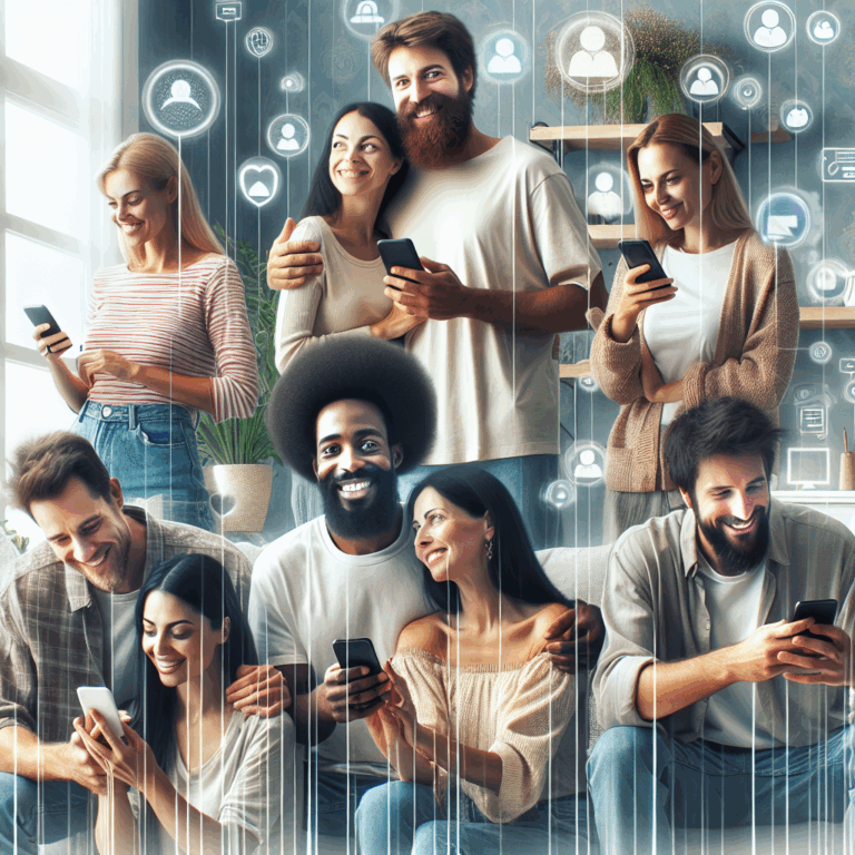 A diverse group of couples using smartphone apps, smiling and interacting in cozy home environments, with visual elements of digital connection and intimacy, bright and inviting atmosphere.