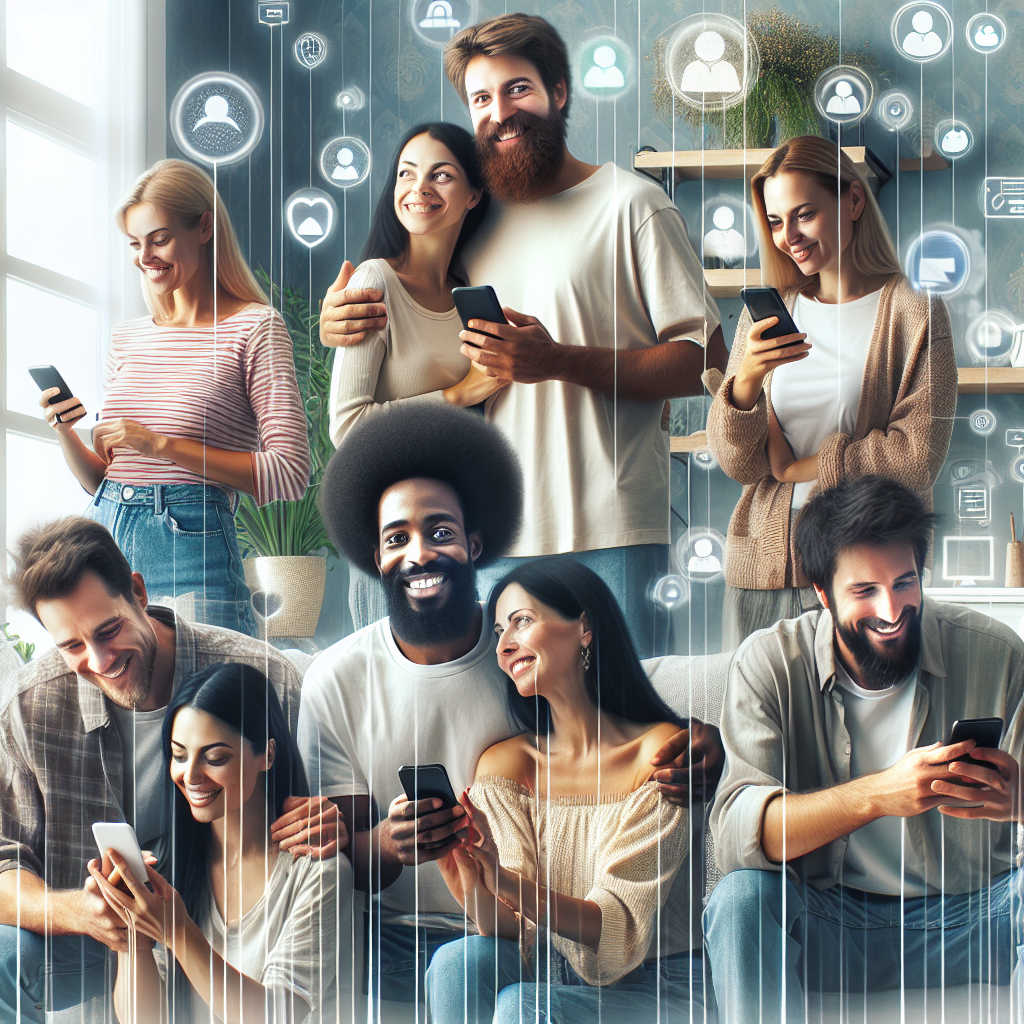 A diverse group of couples using smartphone apps, smiling and interacting in cozy home environments, with visual elements of digital connection and intimacy, bright and inviting atmosphere.