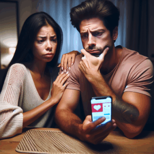 A worried couple sitting at a table, with one partner holding a smartphone showing a dating app, while the other looks suspicious. The scene is set in a modern home with soft lighting, representing a mix of technology and relationship tension.