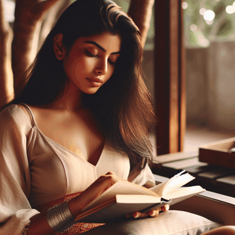 A serene and intimate scene depicting a woman in a relaxed setting exploring self-pleasure through reading a book on female self-discovery, emphasizing a sense of empowerment and tranquility.