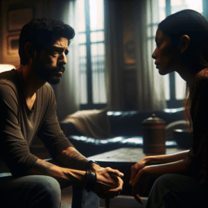 A complex romantic relationship, illustrating tension and emotion between a couple facing each other. The background is a soft-focus living room, with subdued lighting reflecting a thoughtful and introspective mood.