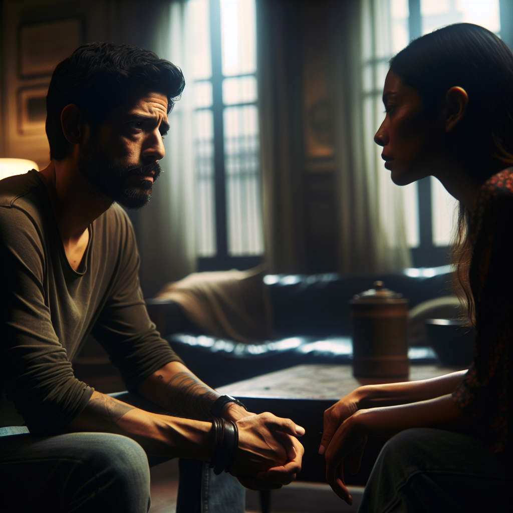 A complex romantic relationship, illustrating tension and emotion between a couple facing each other. The background is a soft-focus living room, with subdued lighting reflecting a thoughtful and introspective mood.