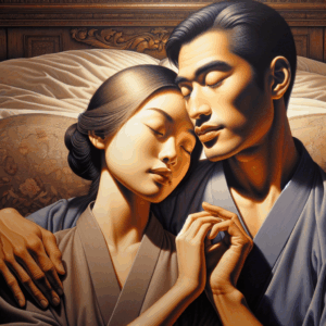 An artistic illustration of a couple in the Captain position, emphasizing comfort and intimacy with serene expressions, set in a softly lit bedroom with a plush bed. The focus is on the harmonious and balanced posture of both partners, showing a deep connection and relaxation.