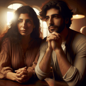 A thoughtful couple sitting at a café, both looking contemplative. They're surrounded by an intimate, warm setting with soft lighting. The atmosphere reflects deep conversation and emotional introspection. The expressions on their faces are a mixture of hope and contemplation, suggesting they've been through ups and downs but are considering reconciliation.