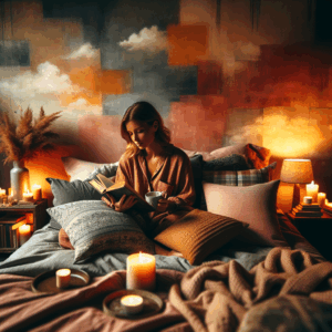 A serene, intimate bedroom scene showing a woman comfortably exploring self-pleasure. The setting is warm and inviting, with soft lighting, fluffy pillows, a cozy blanket, and hints of aromatherapy in the air.