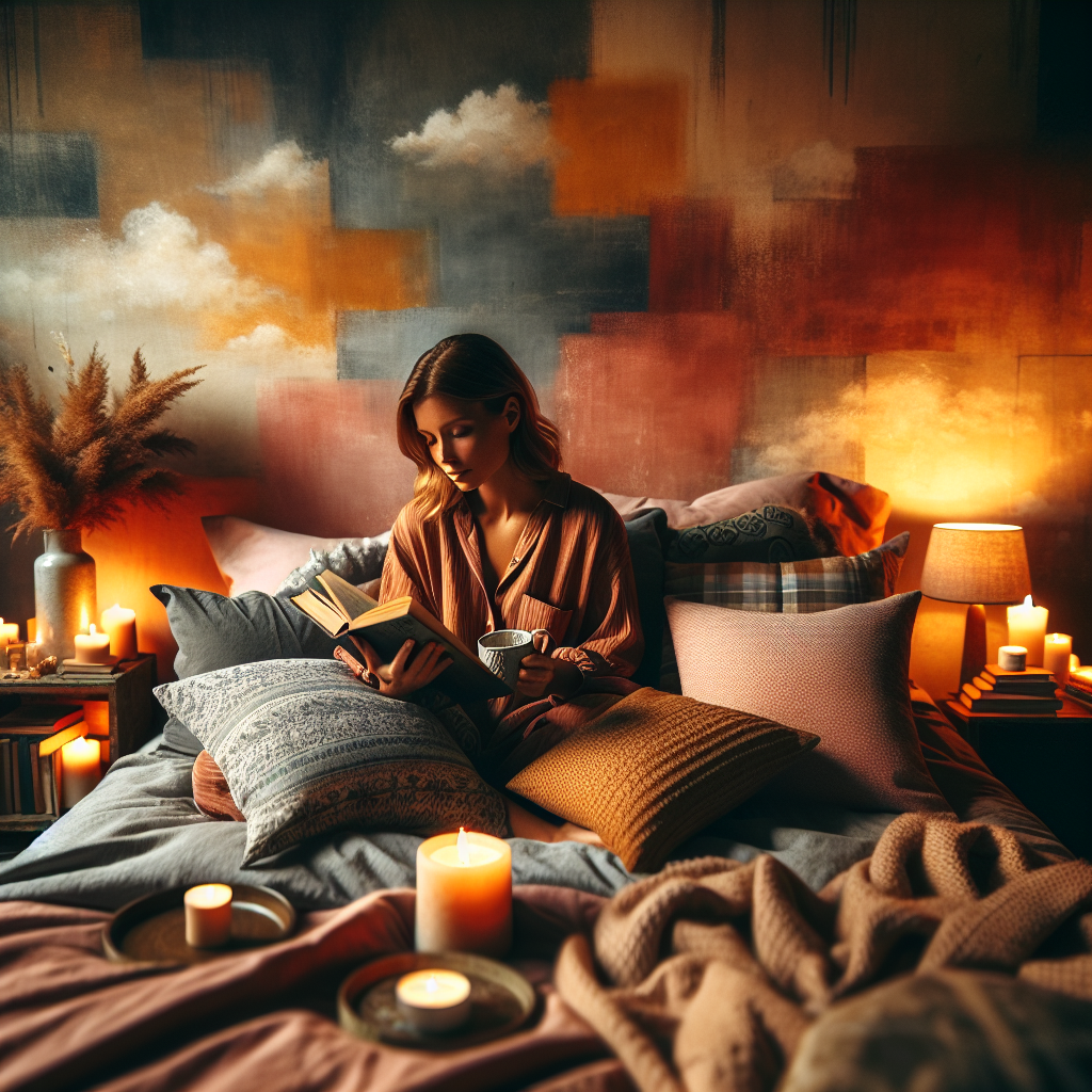 A serene, intimate bedroom scene showing a woman comfortably exploring self-pleasure. The setting is warm and inviting, with soft lighting, fluffy pillows, a cozy blanket, and hints of aromatherapy in the air.