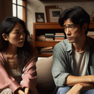 A couple sitting on a couch in a cozy living room. The woman looks concerned and is talking to her partner, who looks reflective and slightly distressed. The room is warmly lit, with personal items like books and a photo frame visible.