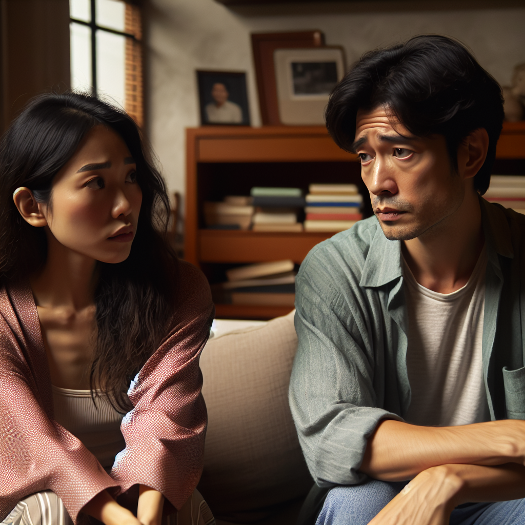 A couple sitting on a couch in a cozy living room. The woman looks concerned and is talking to her partner, who looks reflective and slightly distressed. The room is warmly lit, with personal items like books and a photo frame visible.
