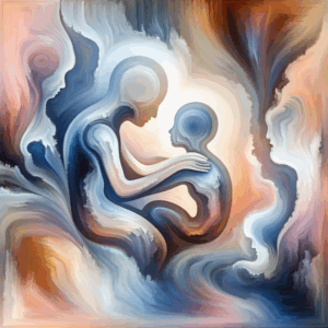 An evocative, tasteful illustration of human connection and exploration, featuring two abstract figures with a focus on intimacy and trust. Soft pastel colors, conveying a sense of comfort and curiosity, ideal for an article on the taboos and pleasures of male anal stimulation.