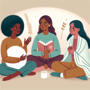 A tasteful and educational illustration showing three women engaging in conversation, each discretely holding or using objects like a pillow, a book, and a blanket, symbolizing comfort, knowledge, and warmth, set in a cozy and intimate indoor environment.
