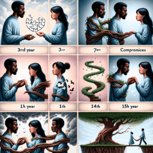 A couple facing different emotional stages, with symbolic imagery representing the 3rd, 7th, 11th, and 15th year challenges in a relationship, conveying growth and resolution.