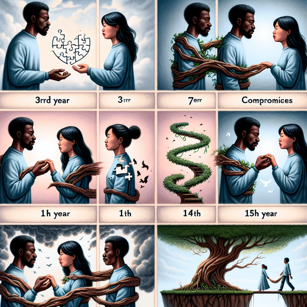 A couple facing different emotional stages, with symbolic imagery representing the 3rd, 7th, 11th, and 15th year challenges in a relationship, conveying growth and resolution.