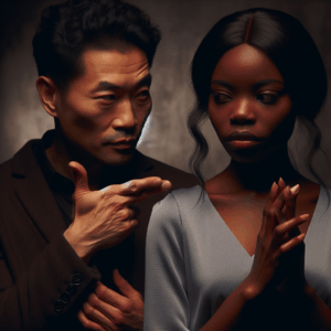 A couple in a dim-lit room, one partner giving a backhanded compliment while the other looks confused and doubtful. The atmosphere should suggest emotional complexity, highlighting manipulation and subtle emotional distress.